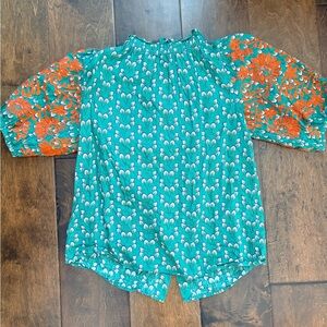 THML Teal Floral Puff-Sleeve Blouse with Orange Embroidery